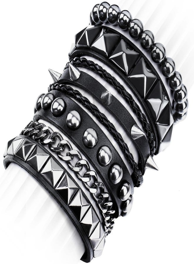 Addveyra Studded Punk Bracelet Set for Men Women Spike Cuff Leather Wristband Black (4 Pcs) - Image 1