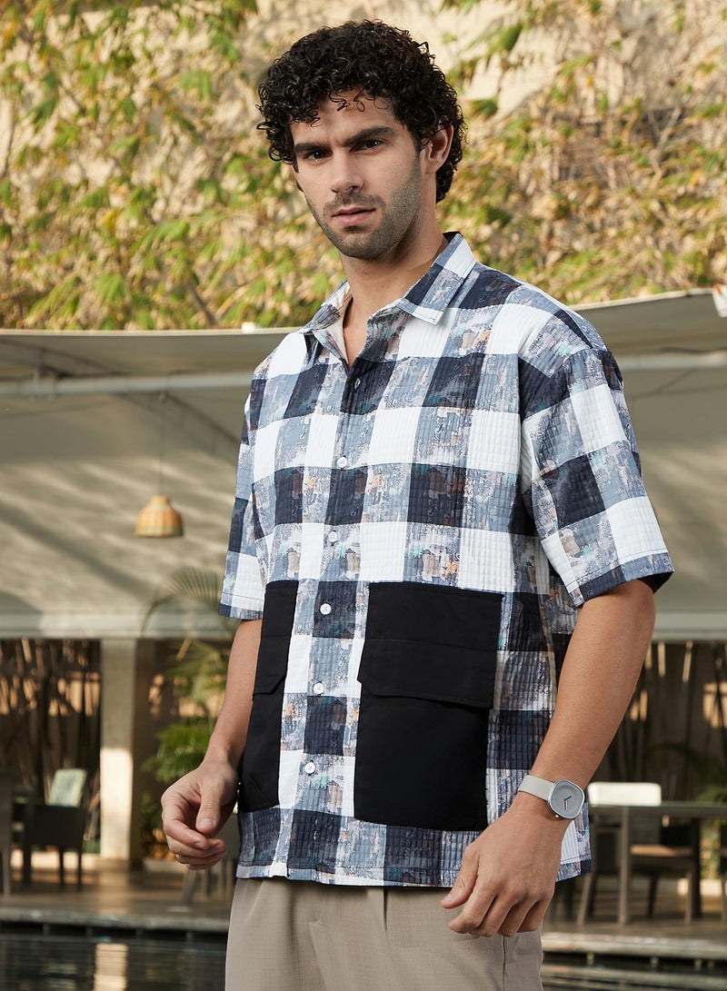 Campus Sutra Men's Navy Blue Stained-Buffalo Utility Oversized Shirt  - Image 3