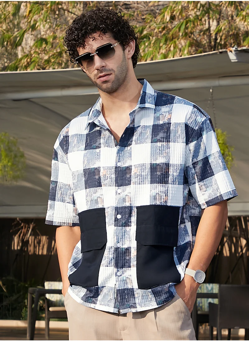Campus Sutra Men's Navy Blue Stained-Buffalo Utility Oversized Shirt