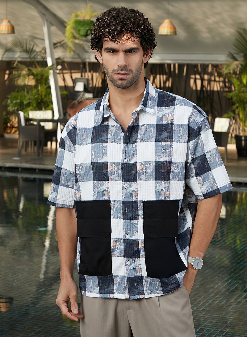 Campus Sutra Men's Navy Blue Stained-Buffalo Utility Oversized Shirt  - Image 2
