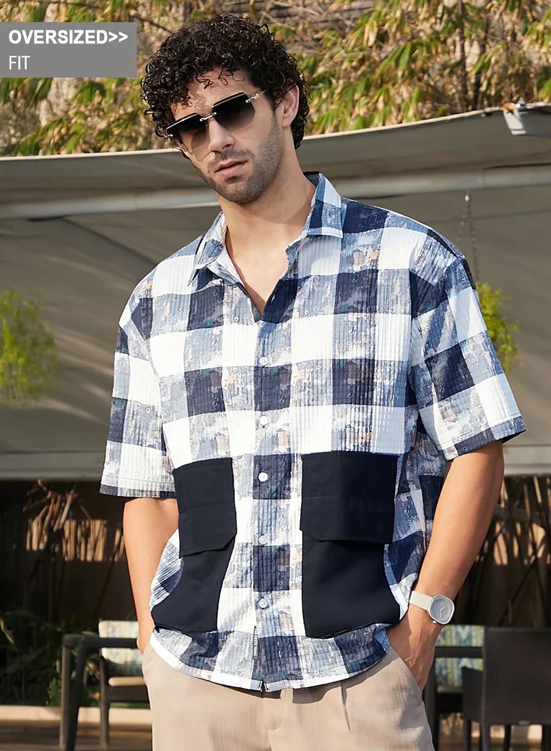 Campus Sutra Campus Sutra Men's Blue Stained-Buffalo Utility Oversized Shirt For Casual Wear | Spread Collar | Short Regular Sleeves | Button Closure | Oversized Shirt Crafted With Comfort Fit For Everyday Wear