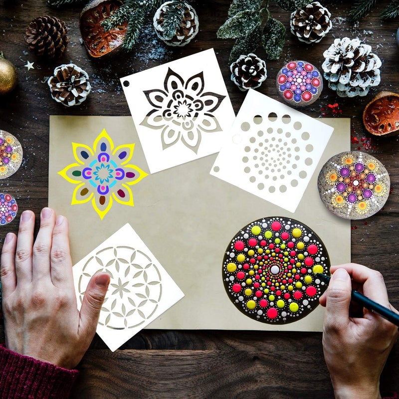 SNOOGG Mandala 10 Pack of 8 inch and 4 pc Round paintable MDF Dot Painting Stencils Perfect for DIY Rock Painting Art Projects,Mandala Stencils for Painting on Wood Furniture - Image 4