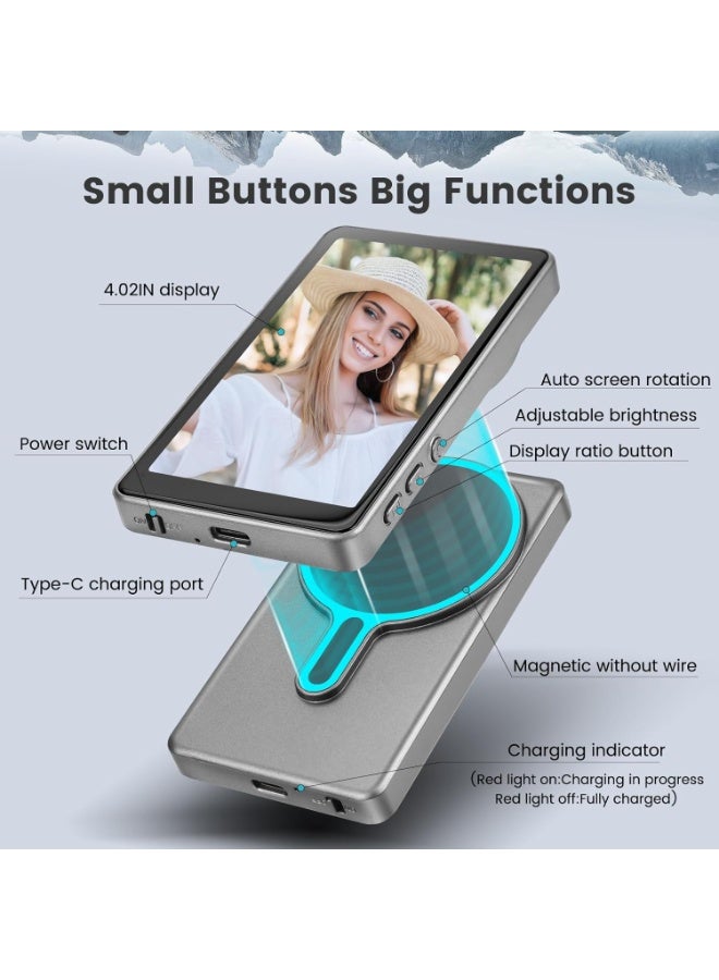Magnetic Phone Vlog Selfie Monitor Screen, 1080P Wireless Recording, Rear Camera Selfie Monitor with Bluetooth Remote Control, For Selfie Vlog Live Broadcast, 1800mAh Battery, 4.02 Inch Screen, Compatible with iPhone and Android System Phones - Grey - Image 3