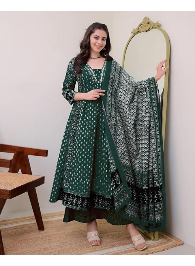 GoSriKi Women's Pure Cotton Anarkali Kurta  with Dupatta & Palazzo M - Image 1