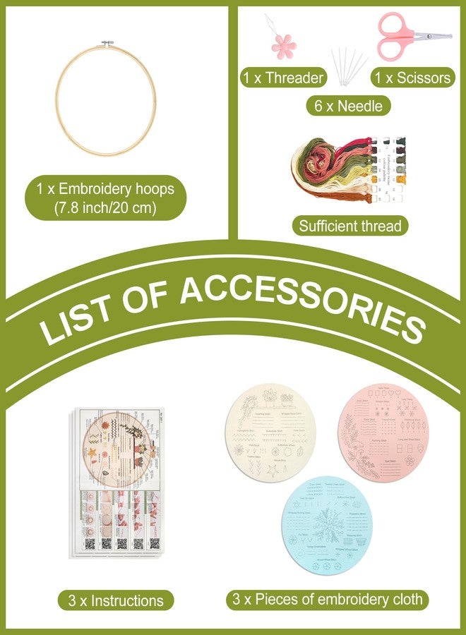Santune 3 Sets Embroidery Kit for Beginners Adults,Learn Over 30 Different Stitches,DIY Cross Stitch Kits,Including Clear Instructions,Video Tutorials,Stamped Flower Patterns,Hoop,Color Threads,Tools - Image 4