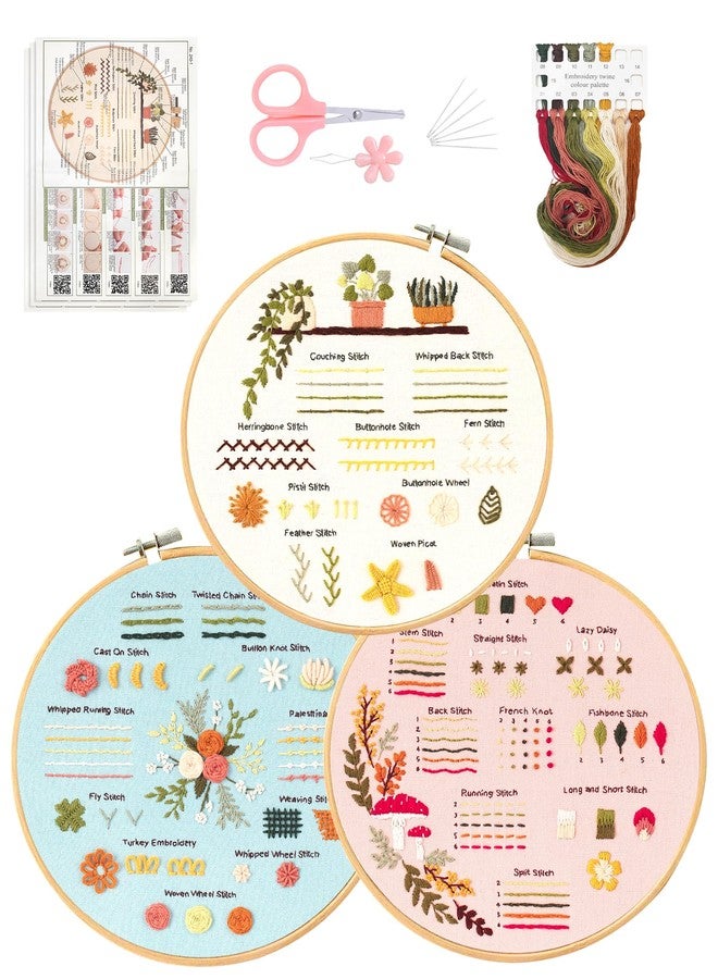 Santune 3 Sets Embroidery Kit for Beginners Adults,Learn Over 30 Different Stitches,DIY Cross Stitch Kits,Including Clear Instructions,Video Tutorials,Stamped Flower Patterns,Hoop,Color Threads,Tools - Image 1