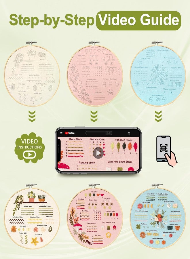 Santune 3 Sets Embroidery Kit for Beginners Adults,Learn Over 30 Different Stitches,DIY Cross Stitch Kits,Including Clear Instructions,Video Tutorials,Stamped Flower Patterns,Hoop,Color Threads,Tools - Image 3
