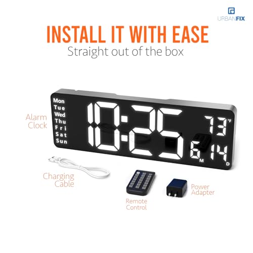 URBANFIX 16.2" Large LED Digital Wall Clock with Remote & Adapter | Time, Date, Day & Temperature Display | Auto-Dimming Brightness | Dual Alarms | Big 4” Digits | Modern Clock for Home & Office - Image 5