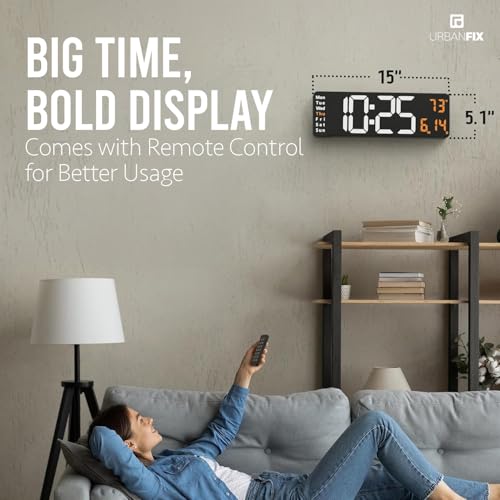 URBANFIX 16.2" Large LED Digital Wall Clock with Remote & Adapter | Time, Date, Day & Temperature Display | Auto-Dimming Brightness | Dual Alarms | Big 4” Digits | Modern Clock for Home & Office - Image 2