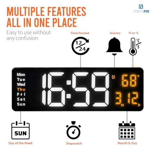 URBANFIX 16.2" Large LED Digital Wall Clock with Remote & Adapter | Time, Date, Day & Temperature Display | Auto-Dimming Brightness | Dual Alarms | Big 4” Digits | Modern Clock for Home & Office - Image 3