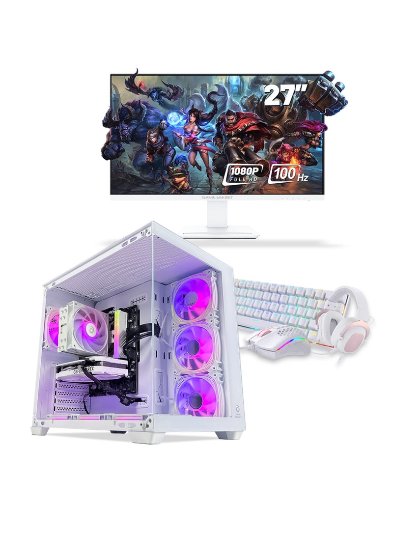 Game Sekret باقة حاسوب الألعاب Pro من Game Sekret – بمعالج Intel Core i5-14400F، وخيار بطاقة رسومات GeForce RTX 3060 أو RTX 4060 أو RTX 5060 أو RTX 5060 Ti، وذاكرة 16GB DDR5، وتخزين NVMe SSD سعة 1TB، ومبرّد هوائي، ولوحة H610، ومزوّد طاقة 650W 80+، مع شاشة 27 بوصة FHD ولوحة مفاتيح وفأرة ولوحة فأرة وسماعة رأس، واتصال Wi-Fi وBluetooth، ونظام Windows 11 Pro، مع ضمان لمدة سنة واحدة. white - Image 1