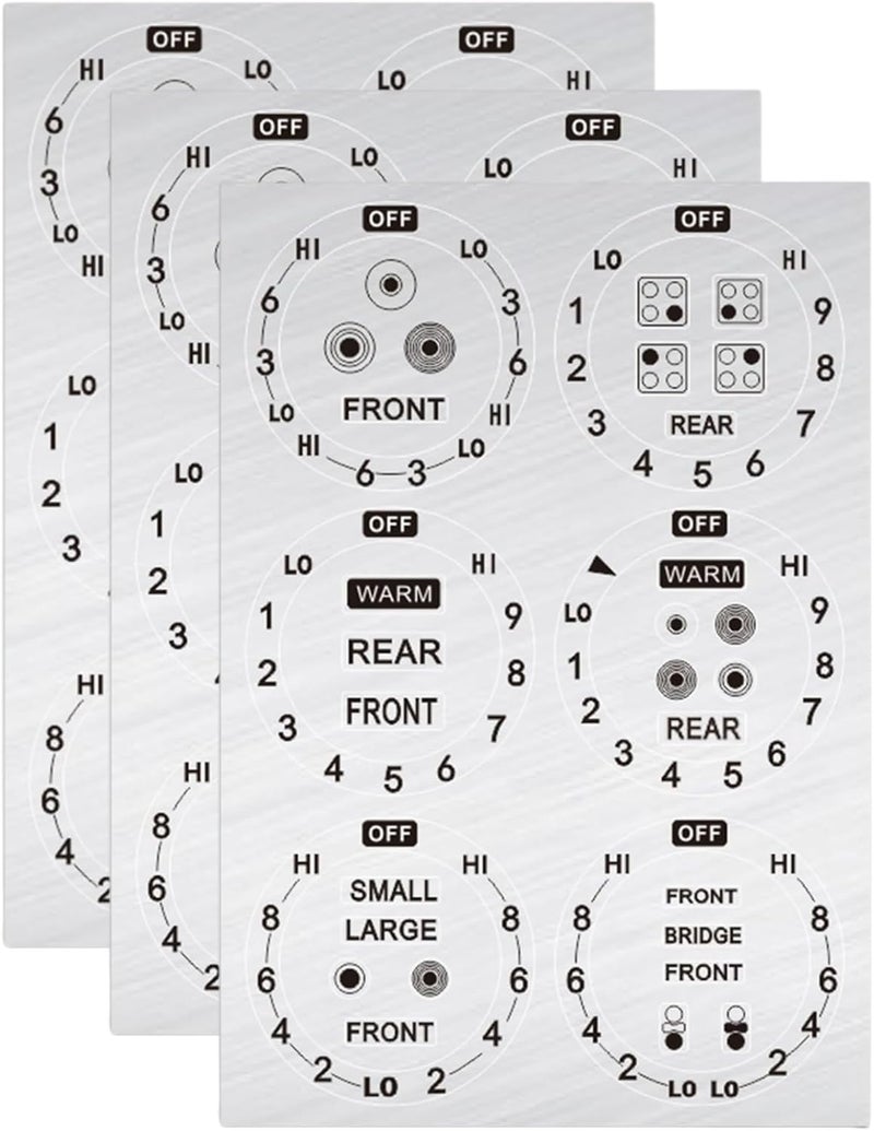 Hileapx Stove Dials Stickers, Stovetop Knob Symbols Decals for Replacement, Adhesive Stickers for Top Burner Control Dial, Range Oven, Gas Stove Knob Burner Identification, Black Symbols on Silver Background - Image 1