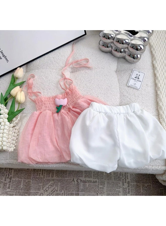 A.M new girls summer two-piece suits small and medium-sized children's suspender tops fashionable chiffon shirts baby girls shorts suits - Image 3