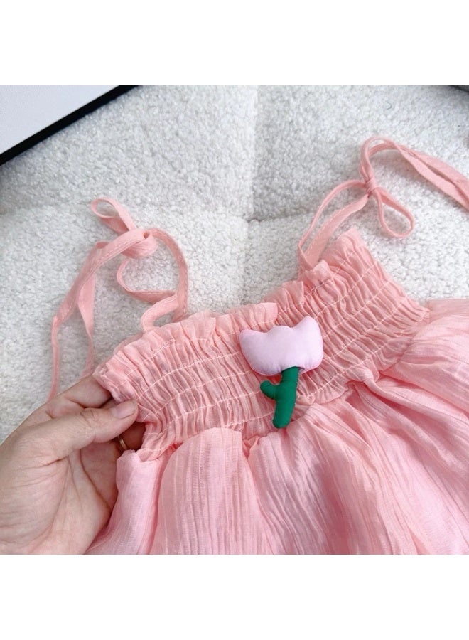 A.M new girls summer two-piece suits small and medium-sized children's suspender tops fashionable chiffon shirts baby girls shorts suits - Image 2