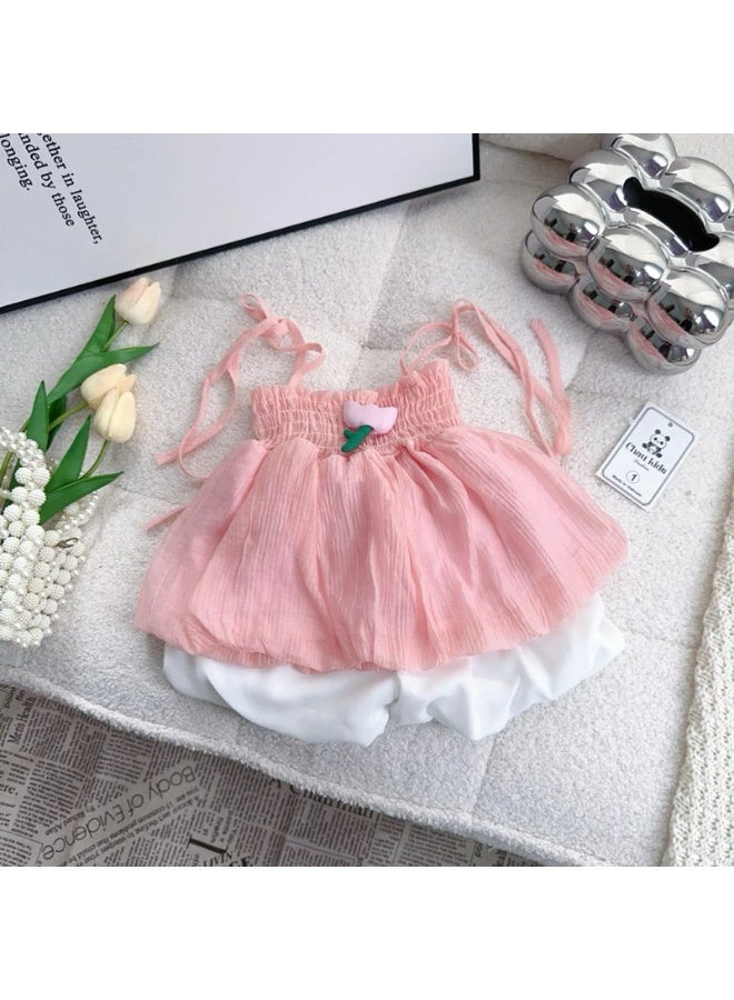 A.M new girls summer two-piece suits small and medium-sized children's suspender tops fashionable chiffon shirts baby girls shorts suits - Image 4