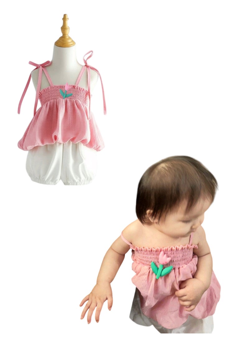 A.M new girls summer two-piece suits small and medium-sized children's suspender tops fashionable chiffon shirts baby girls shorts suits - Image 1
