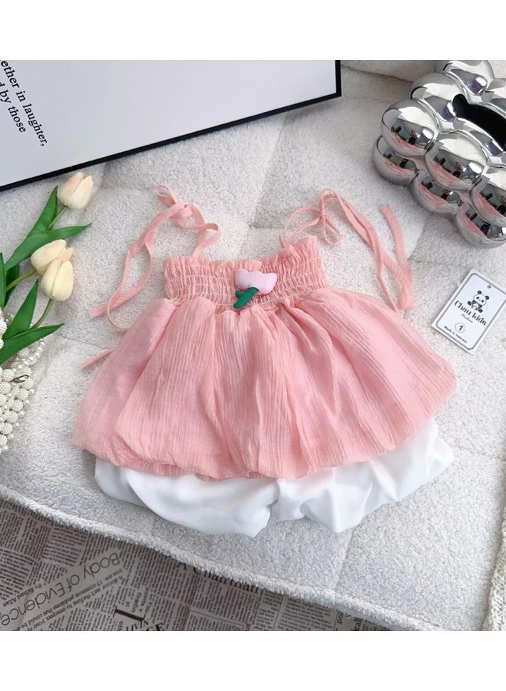 A.M new girls summer two-piece suits small and medium-sized children's suspender tops fashionable chiffon shirts baby girls shorts suits - Image 5