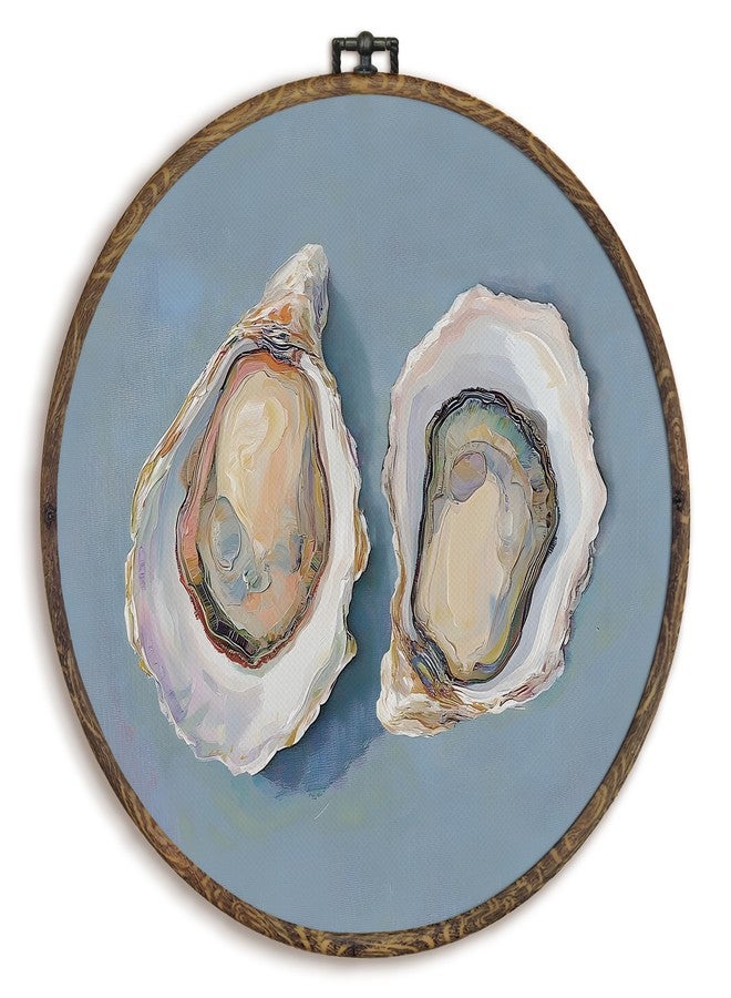 KFXHANGD Coastal Oyster Round Wall Art Framed, Blue Coastal Shells Canvas Wall Art Decor, Oysters Beachy Wall Art,Preppy Oysters Hanging Decor for Beach Bathroom Kitchen BedRoom Gallery, 10x10inch - Image 1