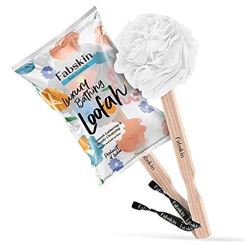 Fabskin Bath Brush Loofah With Wooden Handle | White | For Men and Women | Back Bath Scrubber | Loofah For Back Bathing | Made In India - Image 1