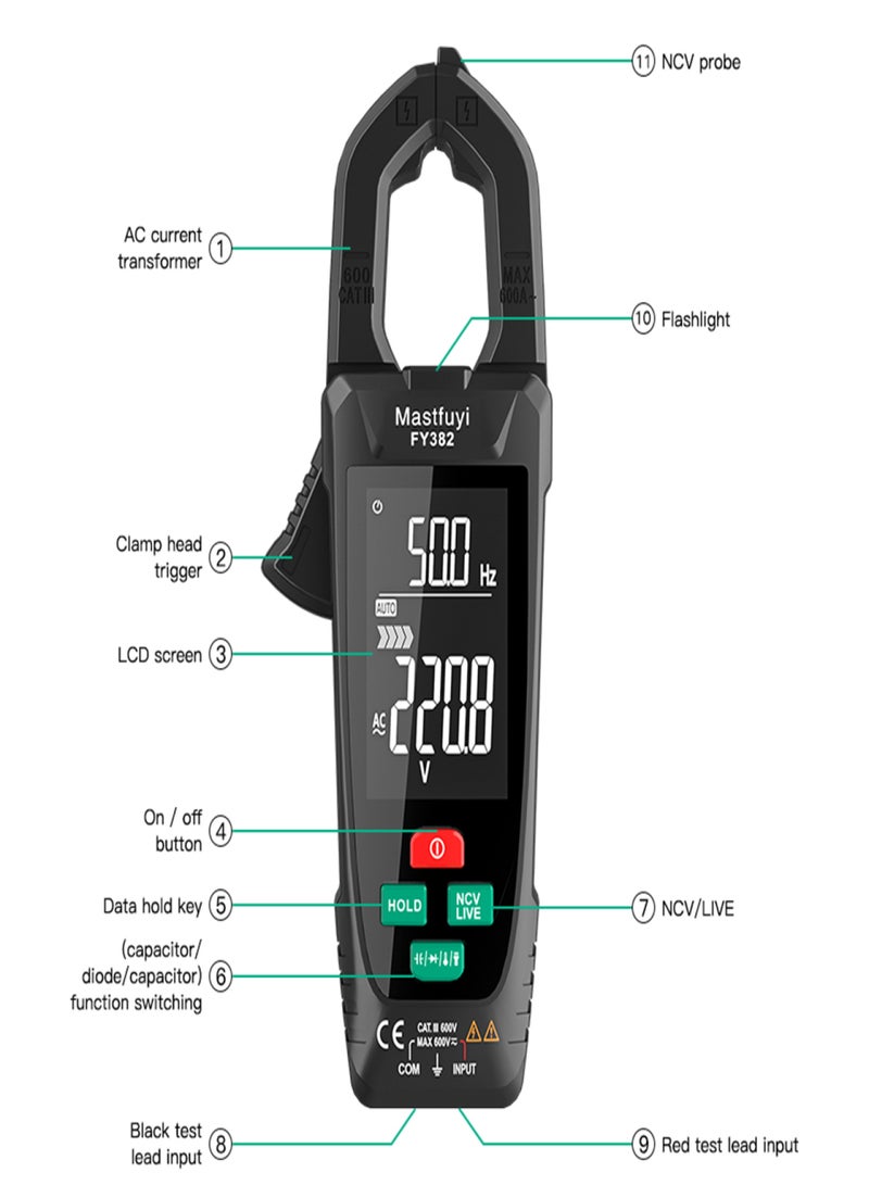 FY382 Smart Clamp Meter True RMS 9999 Counts Digital Multimeter Temperature Tester LCD Screen AC DC Voltage AC Current Detector with LED Flashlight Multifunction Voltage Meter Capacitance - Image 2