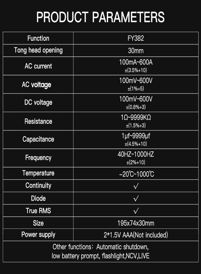 FY382 Smart Clamp Meter True RMS 9999 Counts Digital Multimeter Temperature Tester LCD Screen AC DC Voltage AC Current Detector with LED Flashlight Multifunction Voltage Meter Capacitance - Image 4