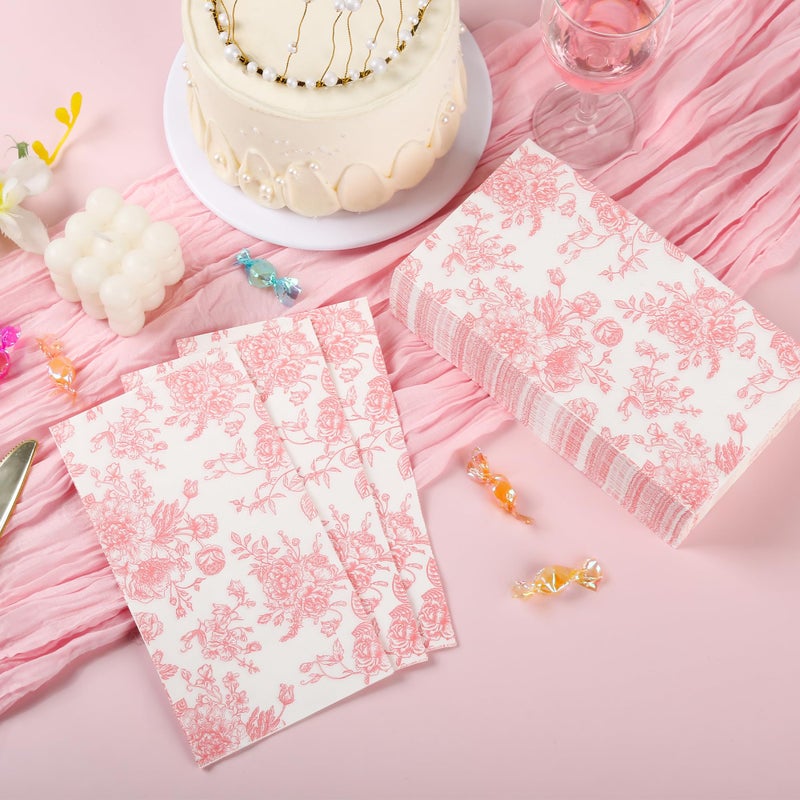 Elyxio 100 Floral Guest Napkins Pink and White Toile Disposable Paper Napkins Decorative Flower Bathroom Hand Towels for Bridal Baby Shower Tea Party Birthday Party Supplies - Image 5