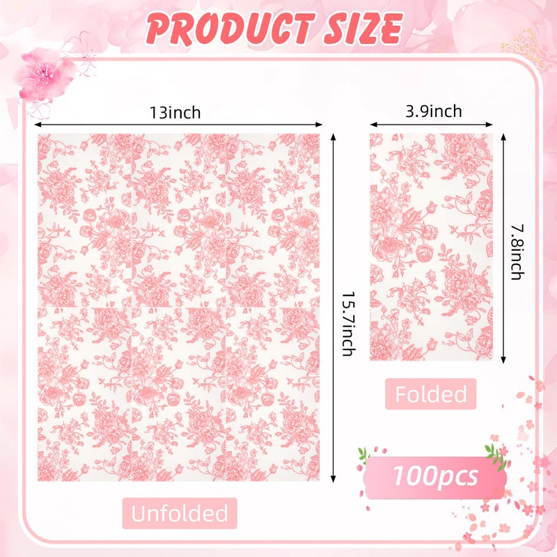 Elyxio 100 Floral Guest Napkins Pink and White Toile Disposable Paper Napkins Decorative Flower Bathroom Hand Towels for Bridal Baby Shower Tea Party Birthday Party Supplies - Image 2