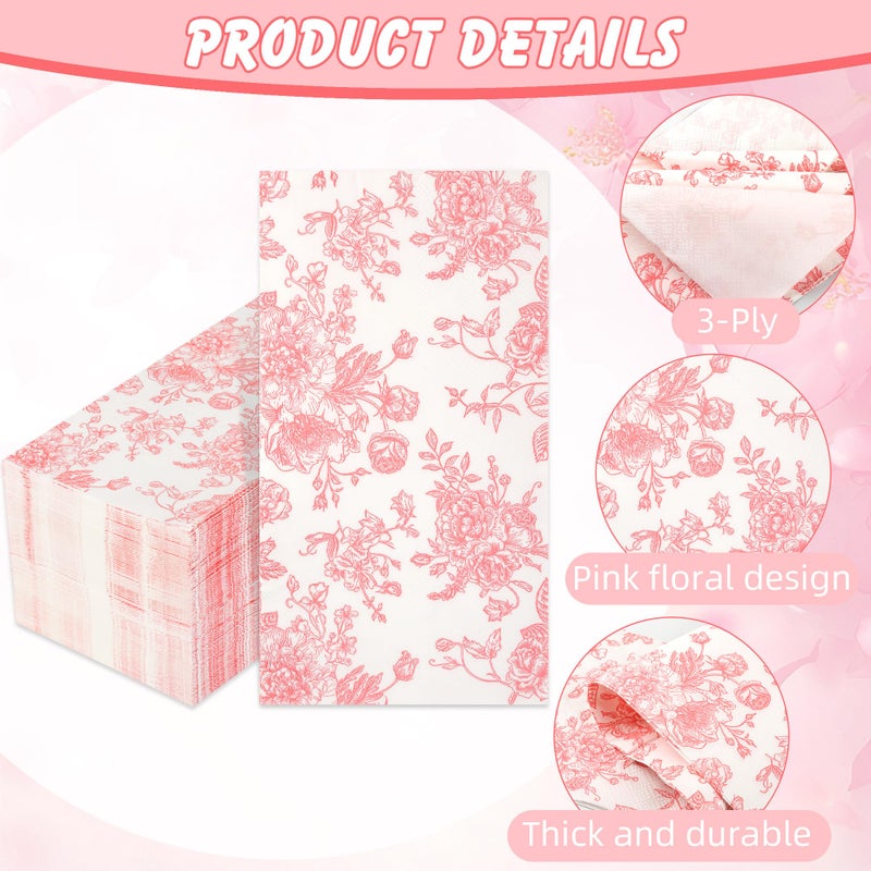 Elyxio 100 Floral Guest Napkins Pink and White Toile Disposable Paper Napkins Decorative Flower Bathroom Hand Towels for Bridal Baby Shower Tea Party Birthday Party Supplies - Image 3
