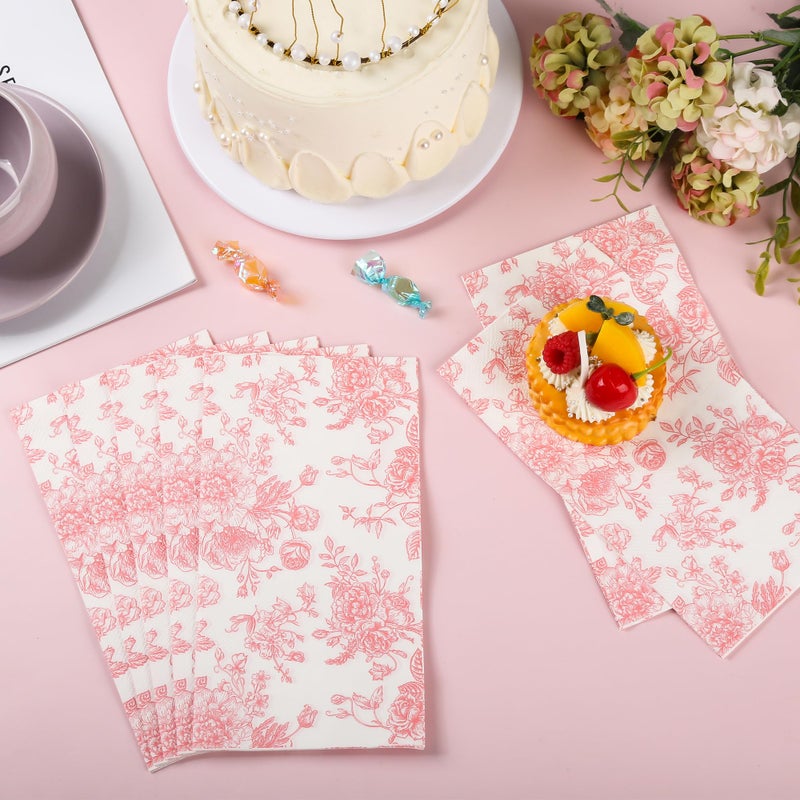 Elyxio 100 Floral Guest Napkins Pink and White Toile Disposable Paper Napkins Decorative Flower Bathroom Hand Towels for Bridal Baby Shower Tea Party Birthday Party Supplies - Image 4