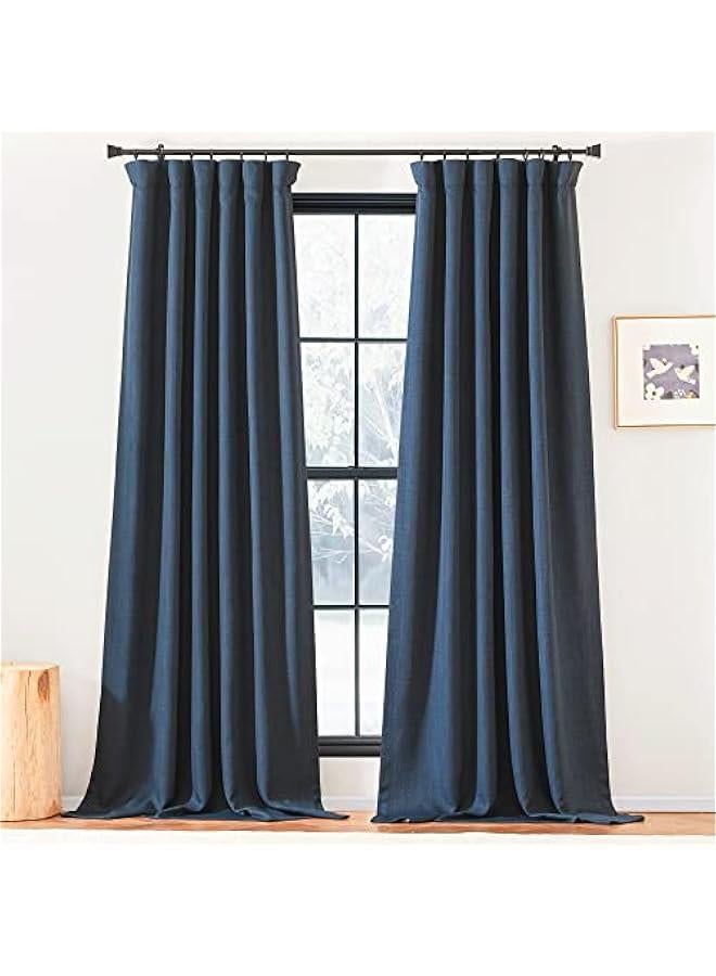 Arabest Room Darkening Navy Blue Curtains for Bedroom, Rod Pocket/Back Tab/Hook Belt Light Blocking Noise Canceling Faux Linen Window Treatments for Living Room, W50 x L90, 2 Panels  - Image 1
