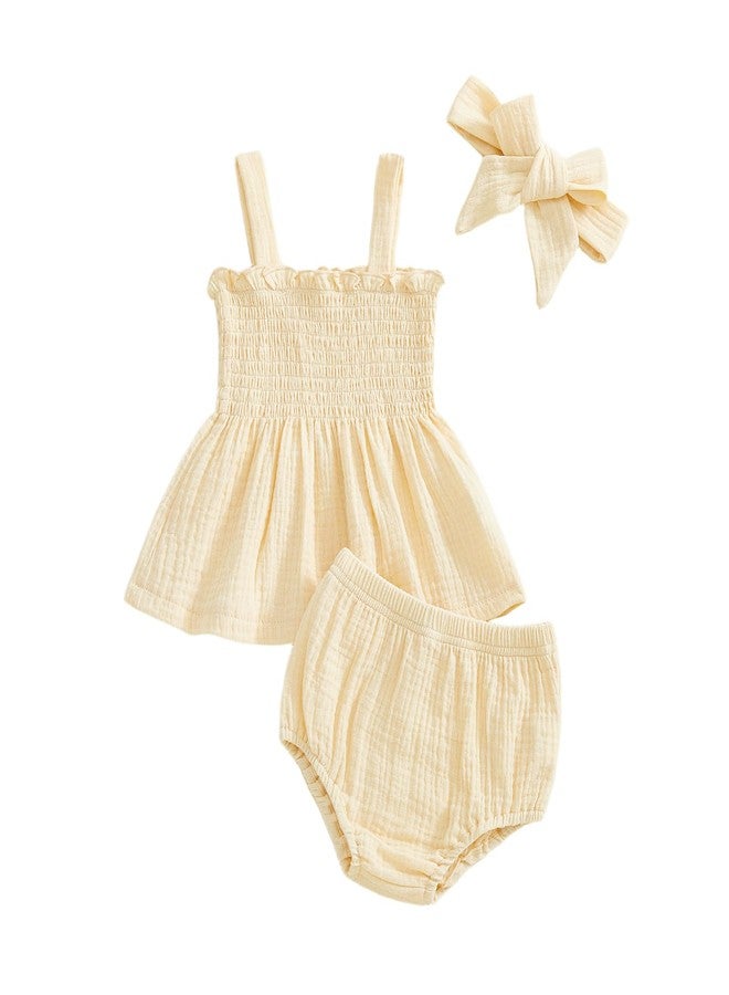 MERSARIPHY Newborn Baby Girl Summer Clothes Boho Linen Sleeveless Smocked Tank Tops Bottom Shorts Set 3Pcs Infant Outfits (Beige, 3-6 Months) - Image 1