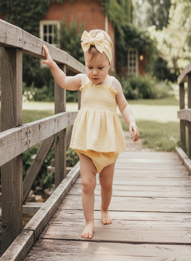MERSARIPHY Newborn Baby Girl Summer Clothes Boho Linen Sleeveless Smocked Tank Tops Bottom Shorts Set 3Pcs Infant Outfits (Beige, 3-6 Months) - Image 3