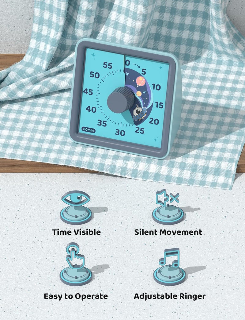 LIORQUE 60 Minute Visual Timer for Kids, Visual Countdown Timer for Classroom Office Kitchen with 'Space Ship' Pattern Design, Pomodoro Timer with Silent Operation (Batteries Included) - Image 4