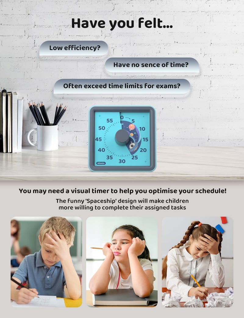 LIORQUE 60 Minute Visual Timer for Kids, Visual Countdown Timer for Classroom Office Kitchen with 'Space Ship' Pattern Design, Pomodoro Timer with Silent Operation (Batteries Included) - Image 3