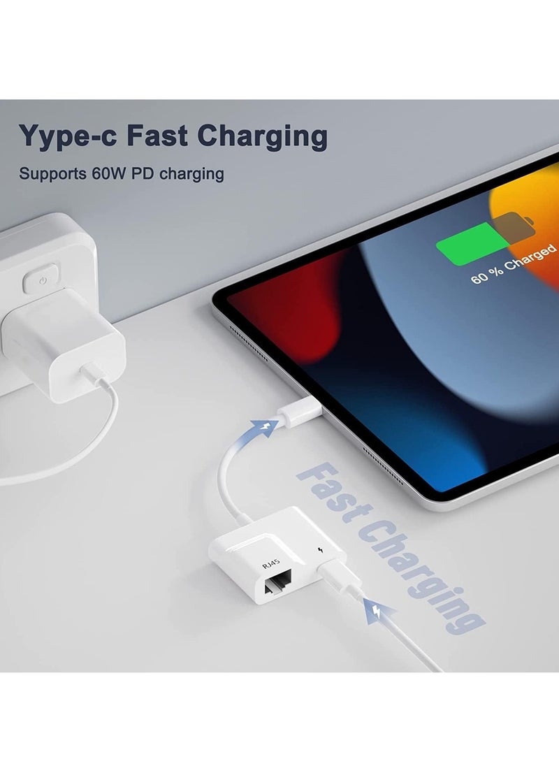 USB C to Ethernet Adapter, 2 in 1 USB C to RJ45 Adapter with 60W PD Type-C Charge Port Supports 10/100Mbps Ethernet Network, Compatible for Android/iPad Pro/Mac/Galaxy and More USB C Devices