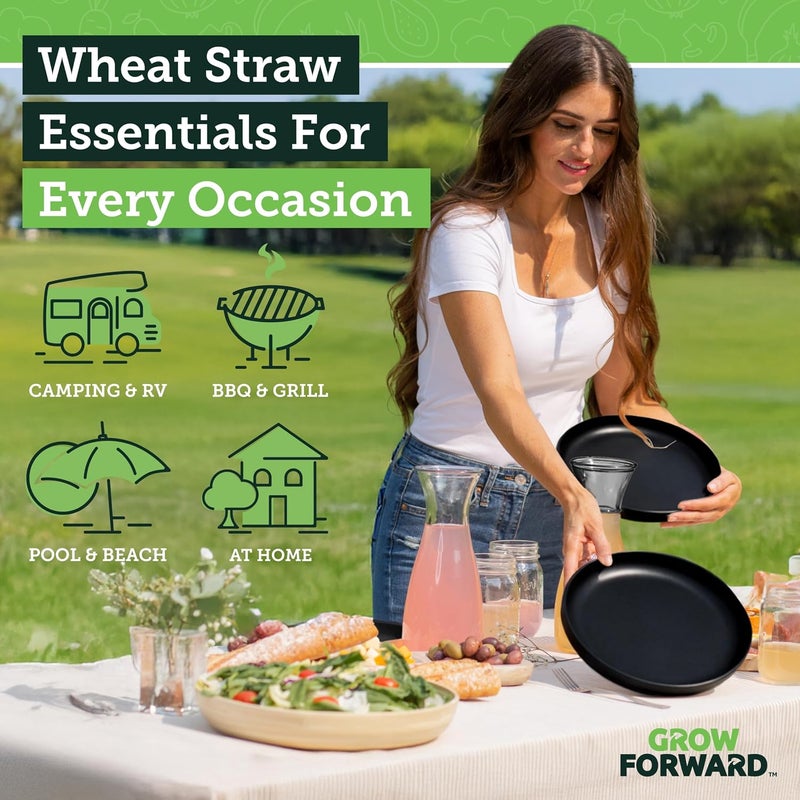 Grow Forward Premium Wheat Straw Plates and Bowls Sets - 8 Unbreakable Microwave Safe Dishes - Reusable Wheat Straw Dinnerware Sets - Plastic Plates and Bowls Alternative for Camping, RV - Midnight - Image 2