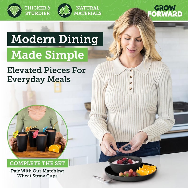 Grow Forward Premium Wheat Straw Plates and Bowls Sets - 8 Unbreakable Microwave Safe Dishes - Reusable Wheat Straw Dinnerware Sets - Plastic Plates and Bowls Alternative for Camping, RV - Midnight - Image 5