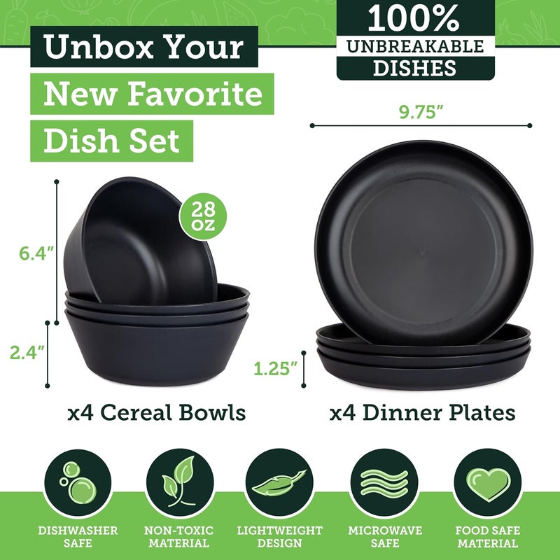 Grow Forward Premium Wheat Straw Plates and Bowls Sets - 8 Unbreakable Microwave Safe Dishes - Reusable Wheat Straw Dinnerware Sets - Plastic Plates and Bowls Alternative for Camping, RV - Midnight - Image 3