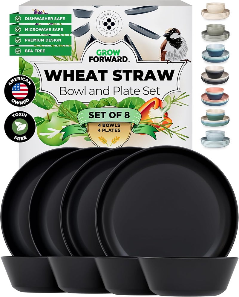 Grow Forward Premium Wheat Straw Plates and Bowls Sets - 8 Unbreakable Microwave Safe Dishes - Reusable Wheat Straw Dinnerware Sets - Plastic Plates and Bowls Alternative for Camping, RV - Midnight - Image 1