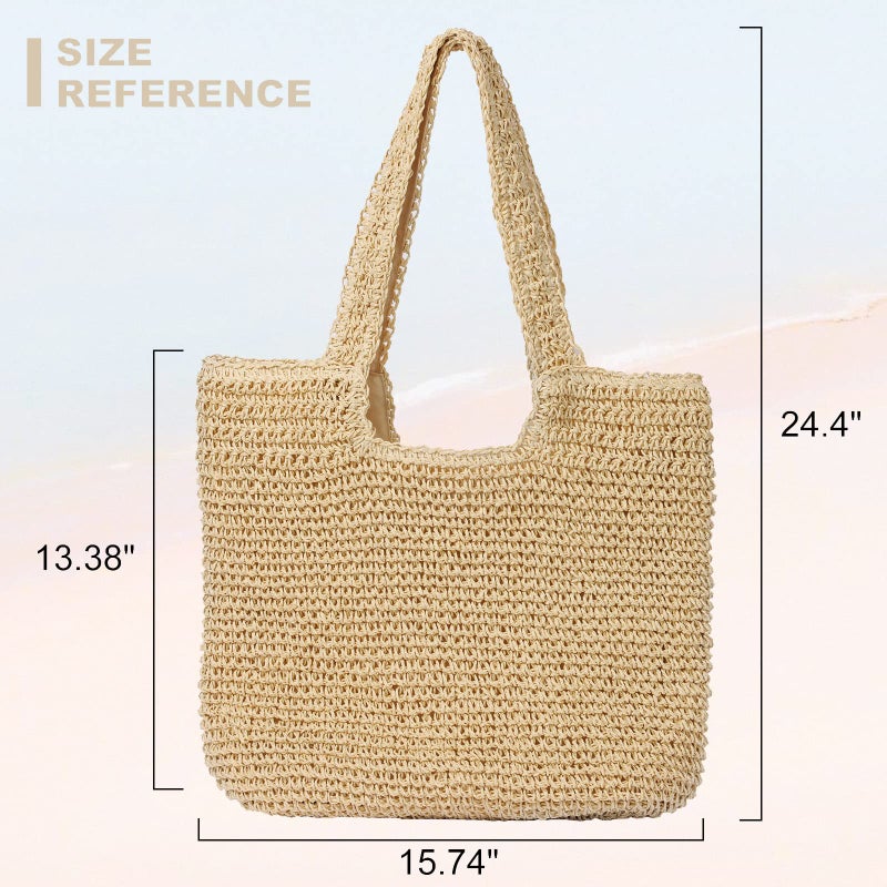 GOLDTIMO Beach Bags for Women - Summer Soft Large Woven Shoulder Purse Handbag, Beach Tote Straw Bag for Summer Vacation, Beige - Image 2