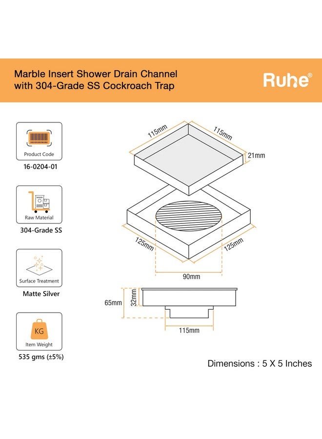 Ruhe® Marble Insert Floor Drain | 304 Stainless Steel Invisible Shower Drain Channel | 5 x 5 Inches Waste Water Floor Drain for 21mm Marble - Image 3