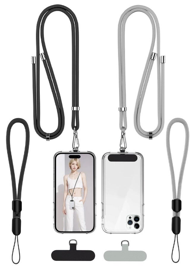 Set of 4 Phone Lanyard 2 Pack Adjustable Cell Phone Lanyard Crossbody Neck Strap & 2 Pack Phone Wrist Strap with 2 Pcs Tether Tabs Compatible for iPhone Android Smartphones Black & Grey - Image 1