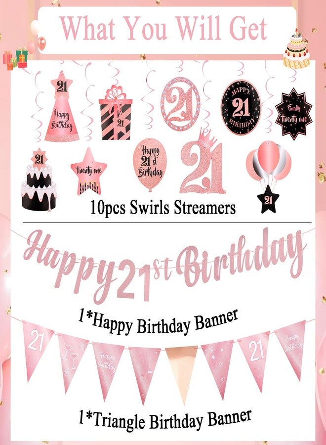 Hapdoo 21st Birthday Decorations for Her Set - Hapdoo Happy 21st Birthday Banner Triangle Flag Hanging Swirls Streamers for Girls Party Decorations Supplies, Rose Gold - Image 3