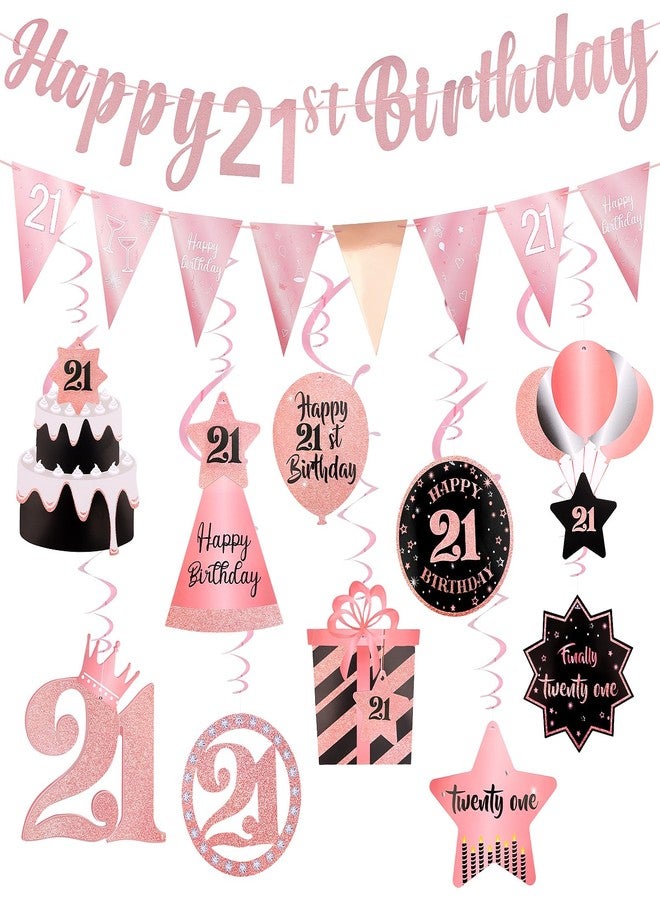 Hapdoo 21st Birthday Decorations for Her Set - Hapdoo Happy 21st Birthday Banner Triangle Flag Hanging Swirls Streamers for Girls Party Decorations Supplies, Rose Gold - Image 1