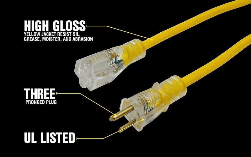 Woods Yellow Jacket 2883 12/3 Heavy-Duty 15-Amp SJTW Contractor Extension Cord with Lighted Ends - 7.6m - Image 4