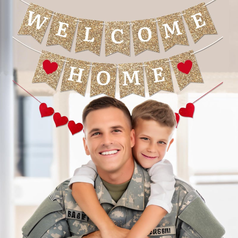 Teniinet Gold Welcome Home Banner - Fully Assembled and Ready to Hang - Glitter Welcome Home Decoration for Housewarming, Military Homecomings, and Family Celebrations - 8 ft Strand(Gold WelcomeHome) - Image 2
