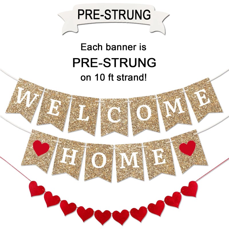 Teniinet Gold Welcome Home Banner - Fully Assembled and Ready to Hang - Glitter Welcome Home Decoration for Housewarming, Military Homecomings, and Family Celebrations - 8 ft Strand(Gold WelcomeHome) - Image 3