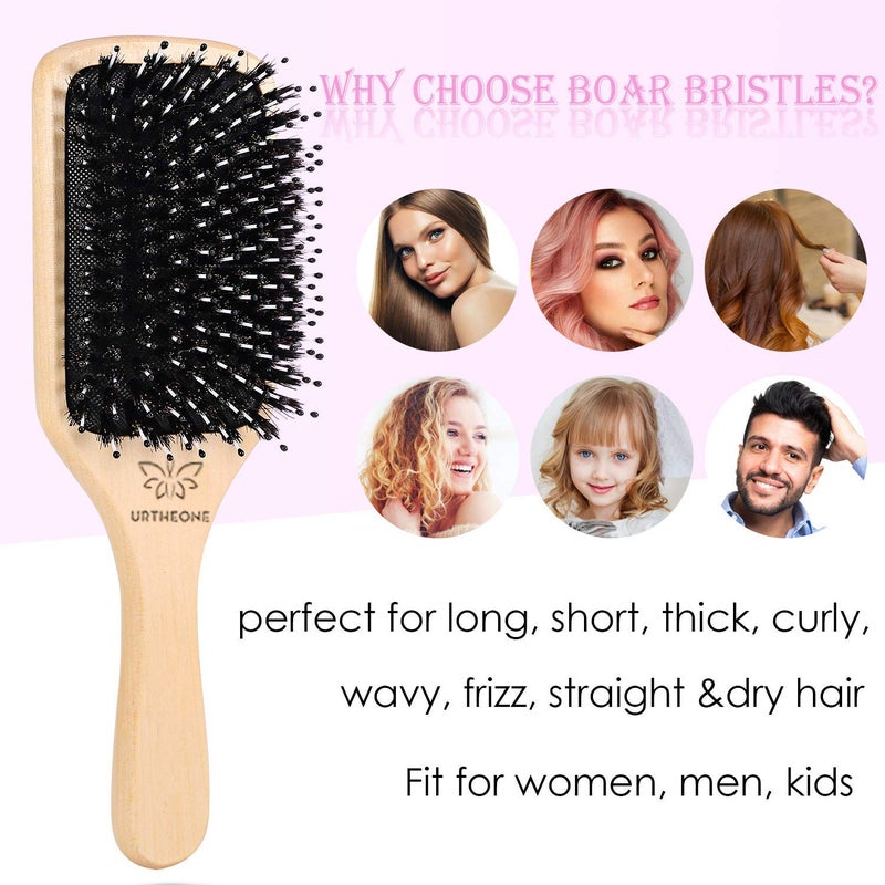 URTHEONE Boar Bristle Hair Brush and Comb Set for Women Men Kids, Best Natural Wooden Paddle Hairbrush and Small Travel Styling Brush for Wet or Dry Hair Detangling Smoothing Massaging - Image 3
