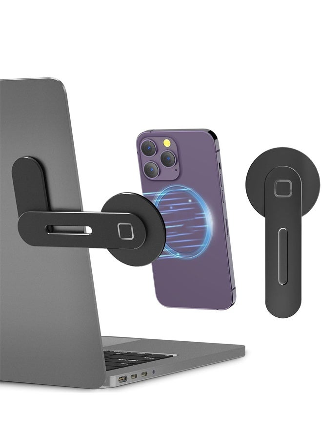 حامل كمبيوتر محمول قابل للتعديل، حامل هاتف مغناطيسي، مشبك تثبيت جانبي رفيع من الألومنيوم لشاشة الكمبيوتر، متوافق مع سلسلة هواتف آيفون وجميع الهواتف، حامل توسيع كمبيوتر محمول قابل للطي، أسود - Image 1