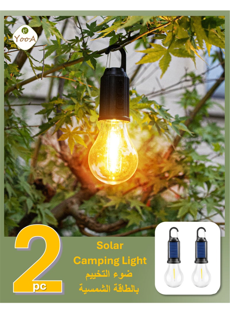 YooA 2pc Solar Rechargeable Camping Lights with USB Charging Cable, 3-mode Brightness|Waterproof|Upgraded Battery|Spring Hook Hanging Design, LED Tent Light Hanging Camping Lantern, Good hanging Lamp for Camping, Hiking, Outdoor Activities, Emergency, Household, Car Repairing (2pc Set)  - Image 1